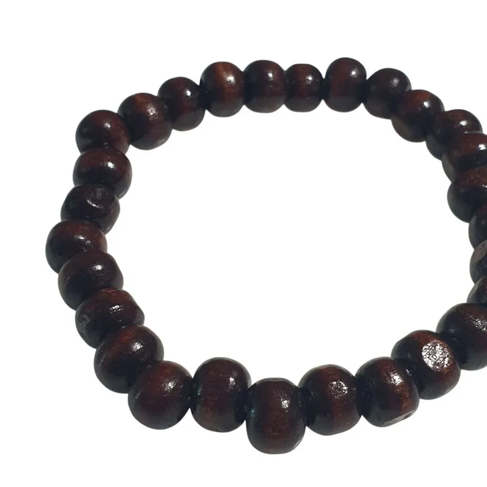 Brown Wooden Beaded Stretch Bracelet Unisex Handmade Simple Design Boho Beach